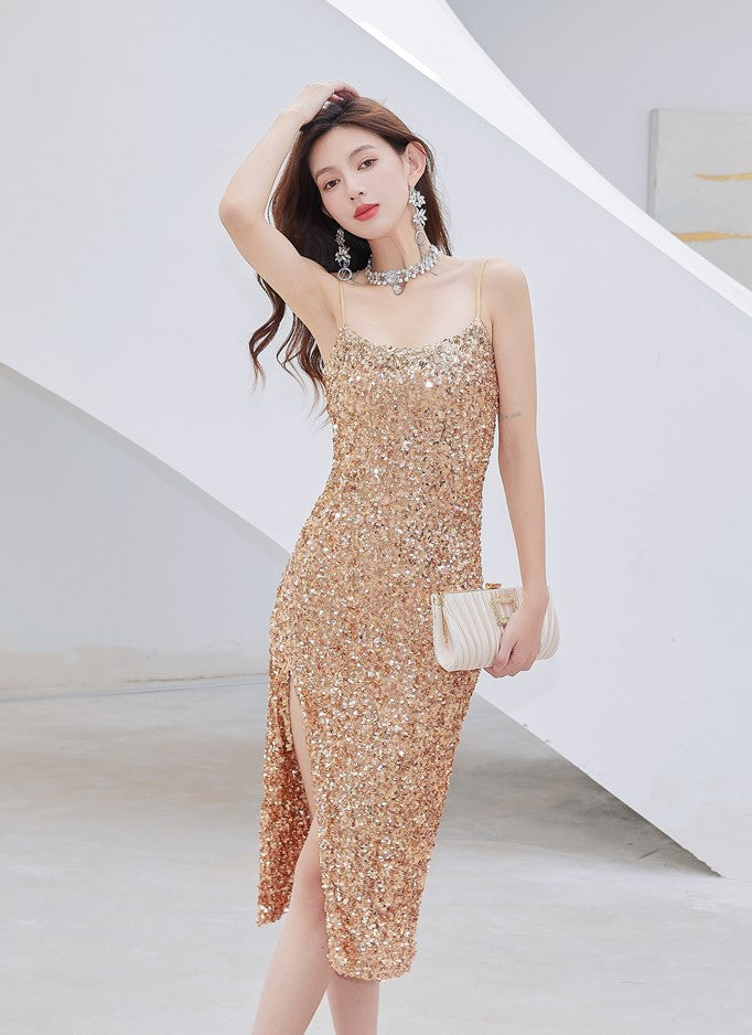 DOLLY Luxury Gold French Style Sleeveless Bright Sequin Mini Slit Dress-NELLIE