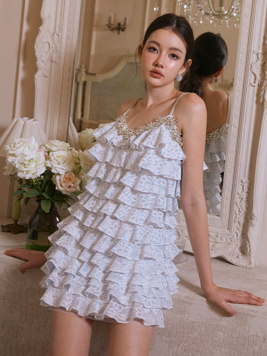 Wardrobes by Chen Elegant Blue white Lace Cake  layered ruffle bridal Dress-Tessa