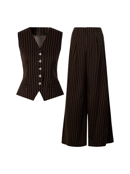 AUI Mocha Mousse Sleeveless V-Neck Striped Vest Suit Pants - Seo-ah