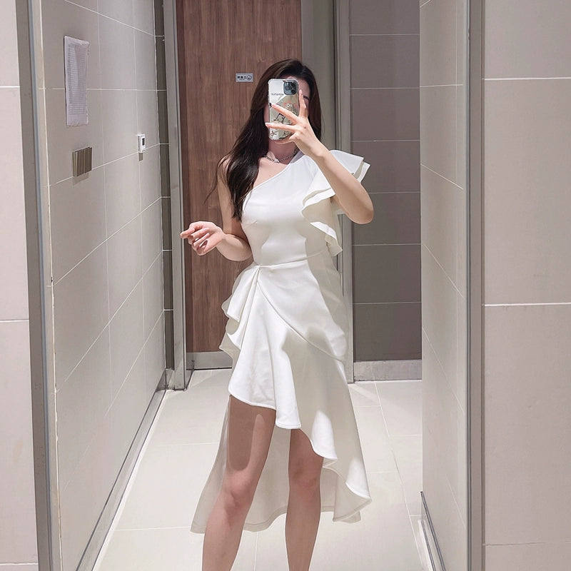 DOLLY Elegant Slant Collar Ruffle Sleeve Slim Fit Midi Irregular Skirt Party Dress-GANGA