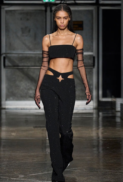 ANNAKIKI Triacetate Hollow Four-pointed Star Full Diamond Bootcut Pants-SATO
