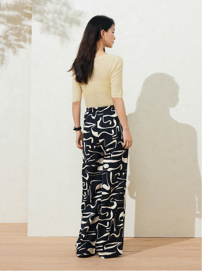 Sushe Neo-Bohemian Tencel linen print drawstring tie wide-leg slacks -JULIET