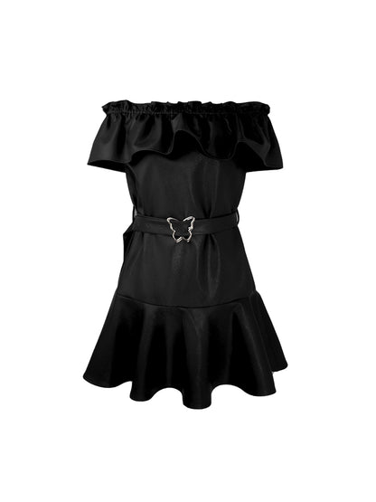 HECO Off Shoulder Ruffle Short Cinched Waist Dress  - SECRET.