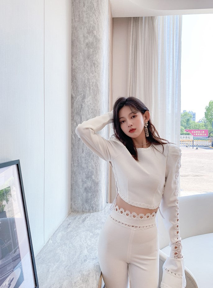 DOLLY Luxury Long Trumpet Sleeve Crop Top+ High Waist Long Flared Pants-LOLA