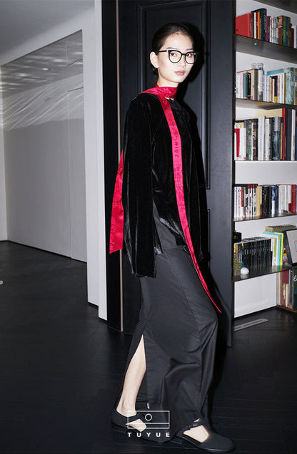 TUYUE Chinese Style Black Slim Satin Woven H-Shaped Skirt- XENA.