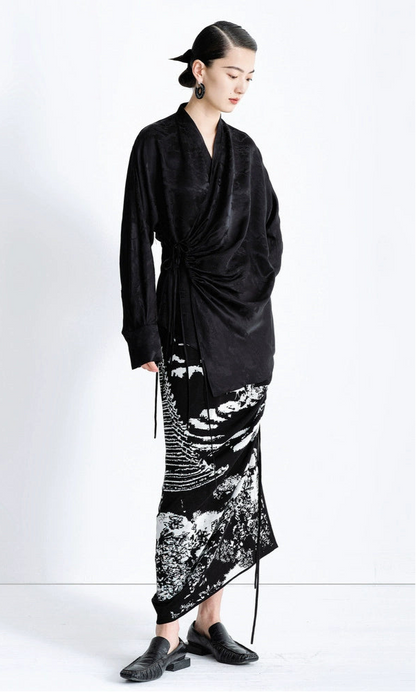 ZHUCHONGYUN Black wrap-style mulberry silk v-neck top-VANI.