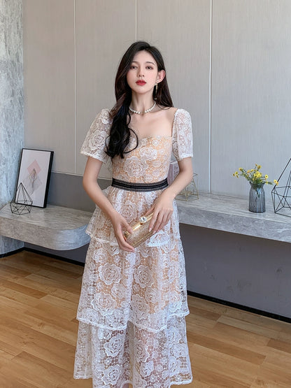 DOLLY Luxury French Style Square Collar Short Puff Sleeves Long Lace Cake Dress-POKIE