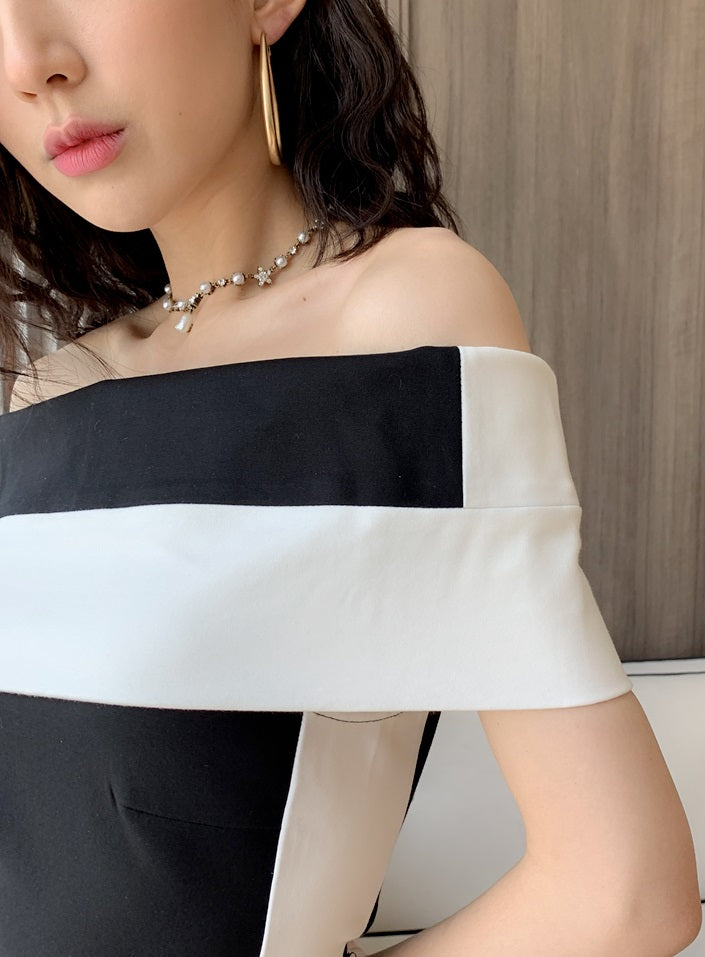 DOLLY Elegant Black and White Off Shoulder Short Sleeve Long Bandage Dress-MAZE
