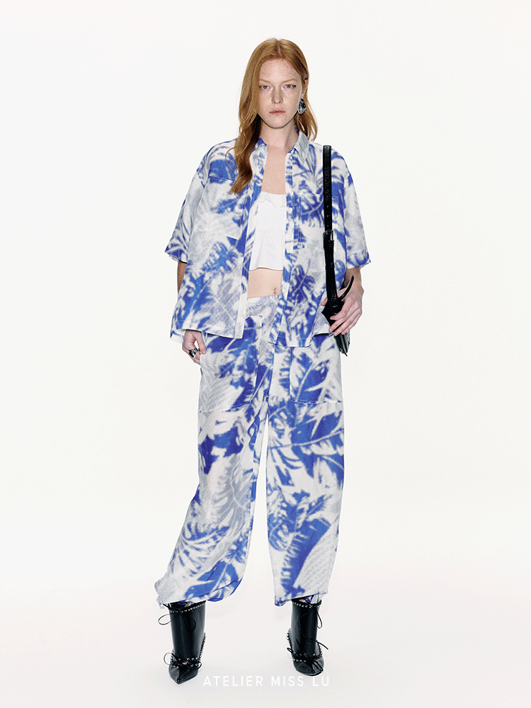 ATELIER MISS LU Printed Mulberry Silk And Linen-blend Pants- ARIA.