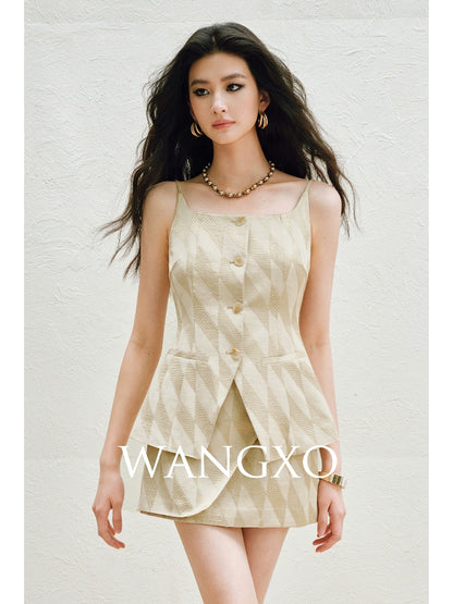WANGXO | Oxygen-Induced Linen with Rhombic Texture  Waist-Cinched U-Neck Camisole Vest & Tie Skirt Set -NOLA