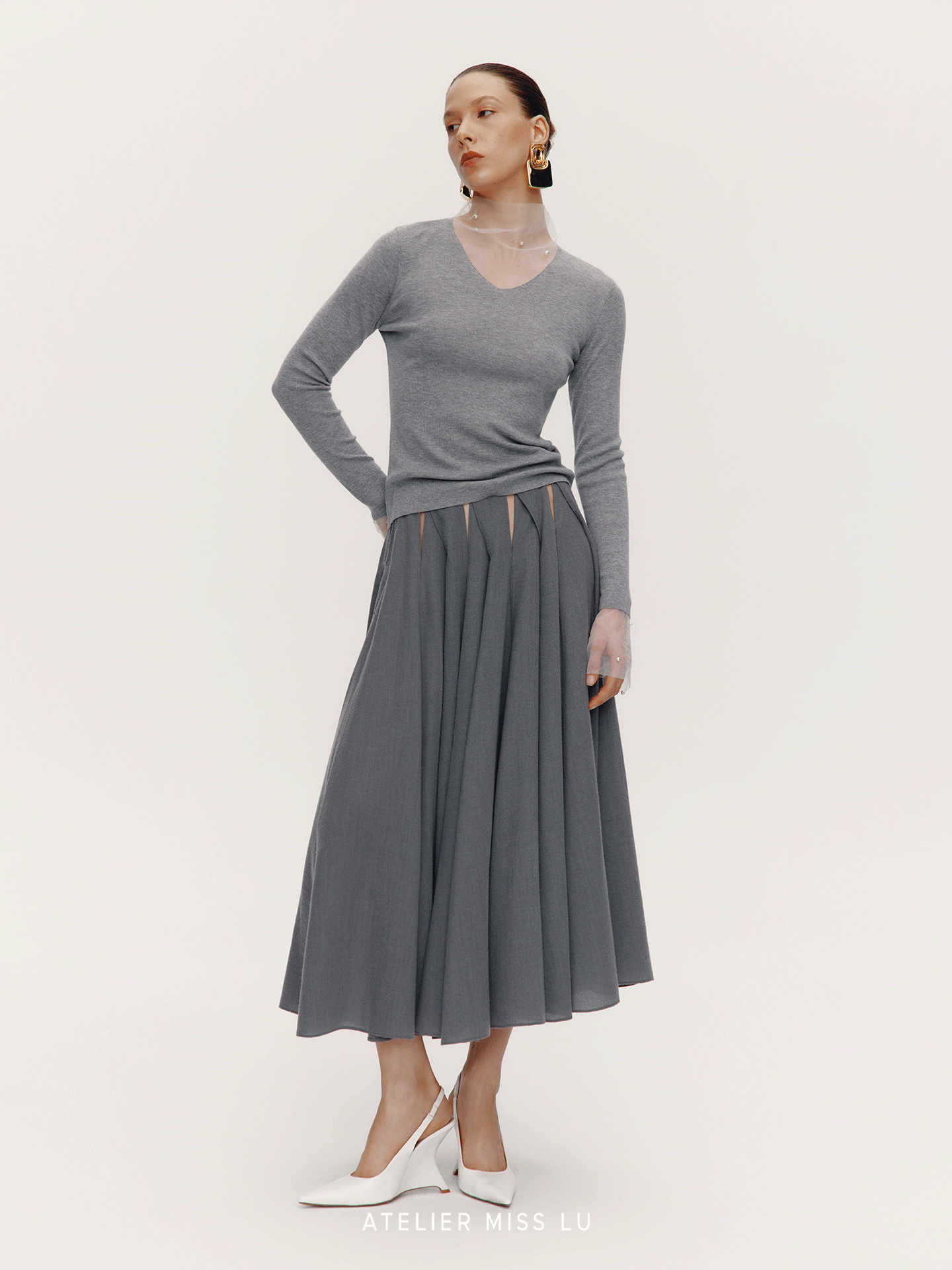 ATELIER MISS LU Fall/Winter pearl-embellished gauze patchwork knitted top - SADE.
