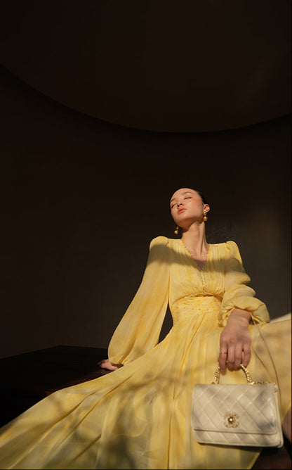 LE VENT&TES AILES 100% Silk French Haute Smudge V-Neck midi yellow Dress - FAYE