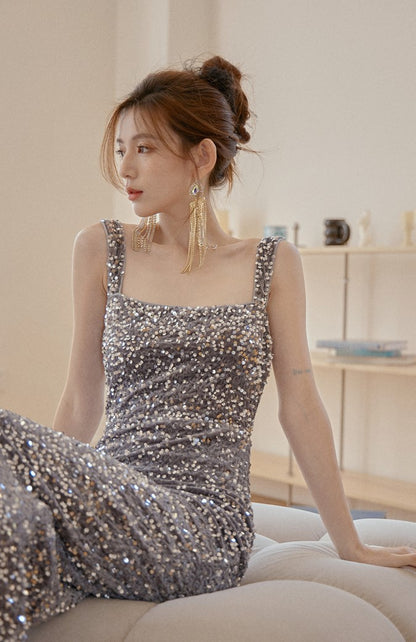 DOLLY Elegant Retro Style Square Collar Sleeveless Sequin Body Hug Evening Dress-HARPER