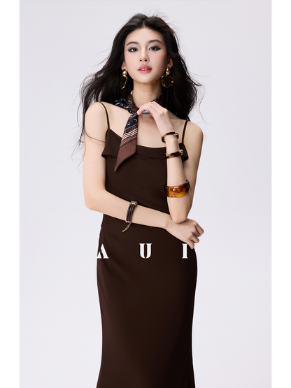 AUI Mocha Mousse Coffee Color Slip Temperament Slim Hip Dress -  A-Yeong
