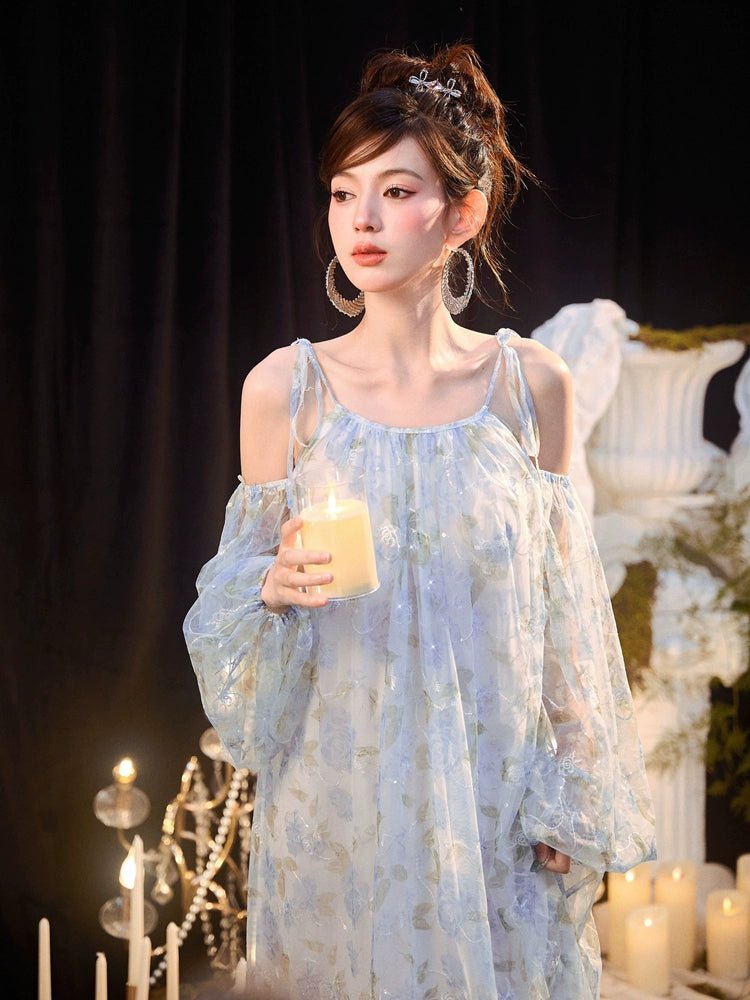 DOLLY Elegant Blue French Style Floral Off Shoulder Loose Glitter Resort Dress-TEE