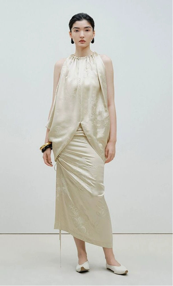 ZHUCHONGYUN Jacquard Drawstring Mulberry Silk Top-MAROON.