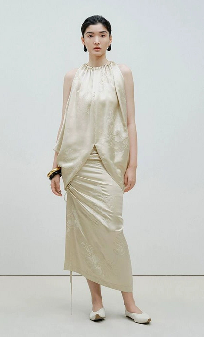 ZHUCHONGYUN Jacquard Drawstring Mulberry Silk Top-MAROON.