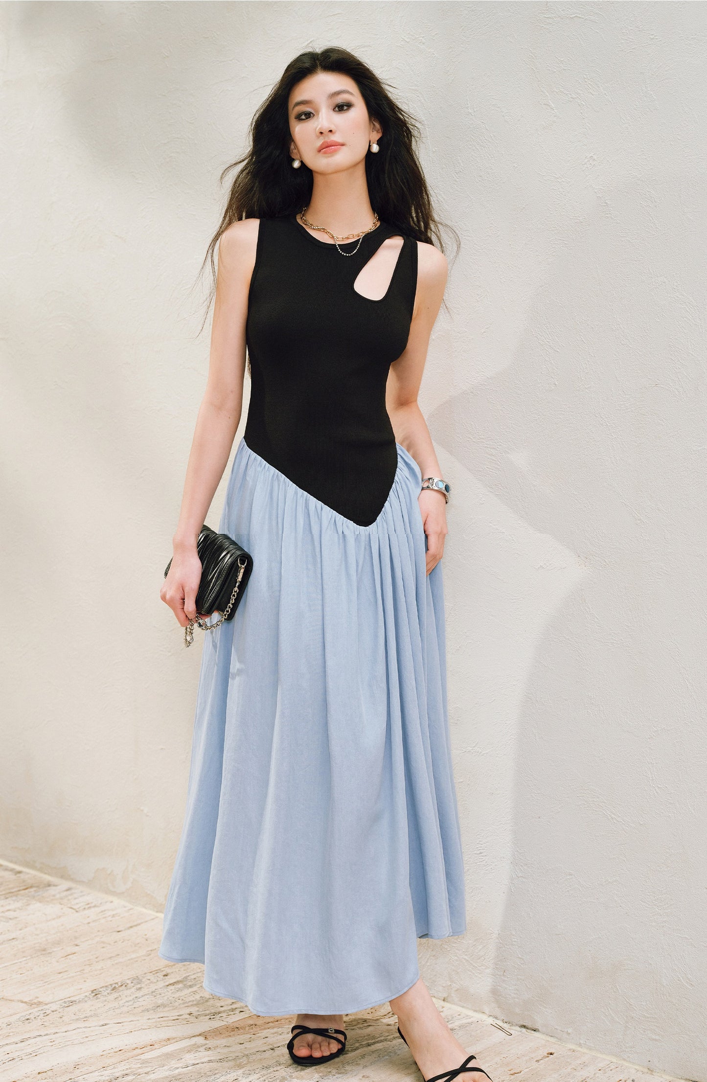 WANGXO |Tailoring Sleeveless Umbrella Hem Dress in Sculpted Casual Elegance -LUMA