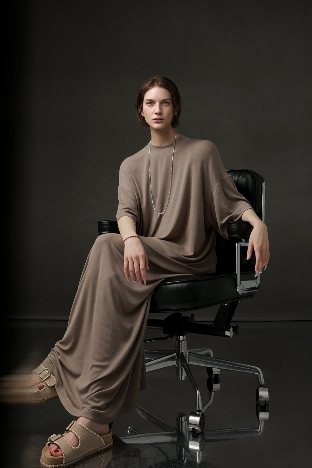 PIAOIN minimalist style nude tencel wool t-shirt skirt versatile dress -LYDIA