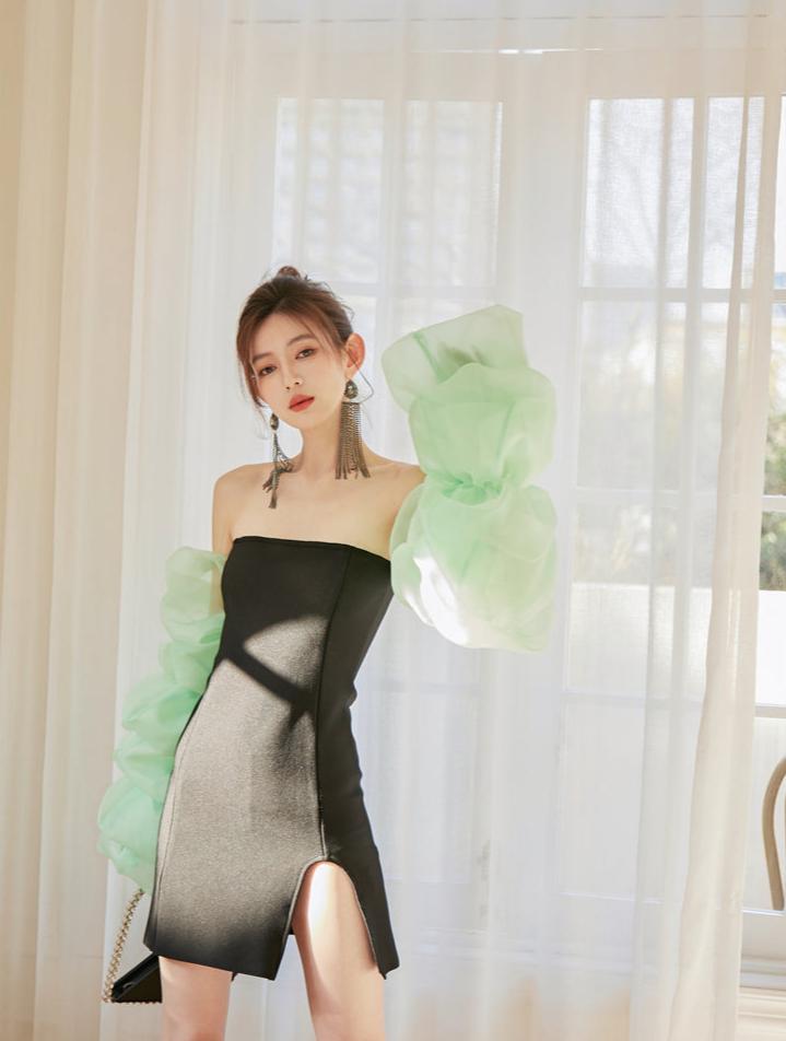 DOLLY Elegant Black Chest Wrap Long Puff Sleeve Slim Fit Short Slit Party Dress-KABRINA