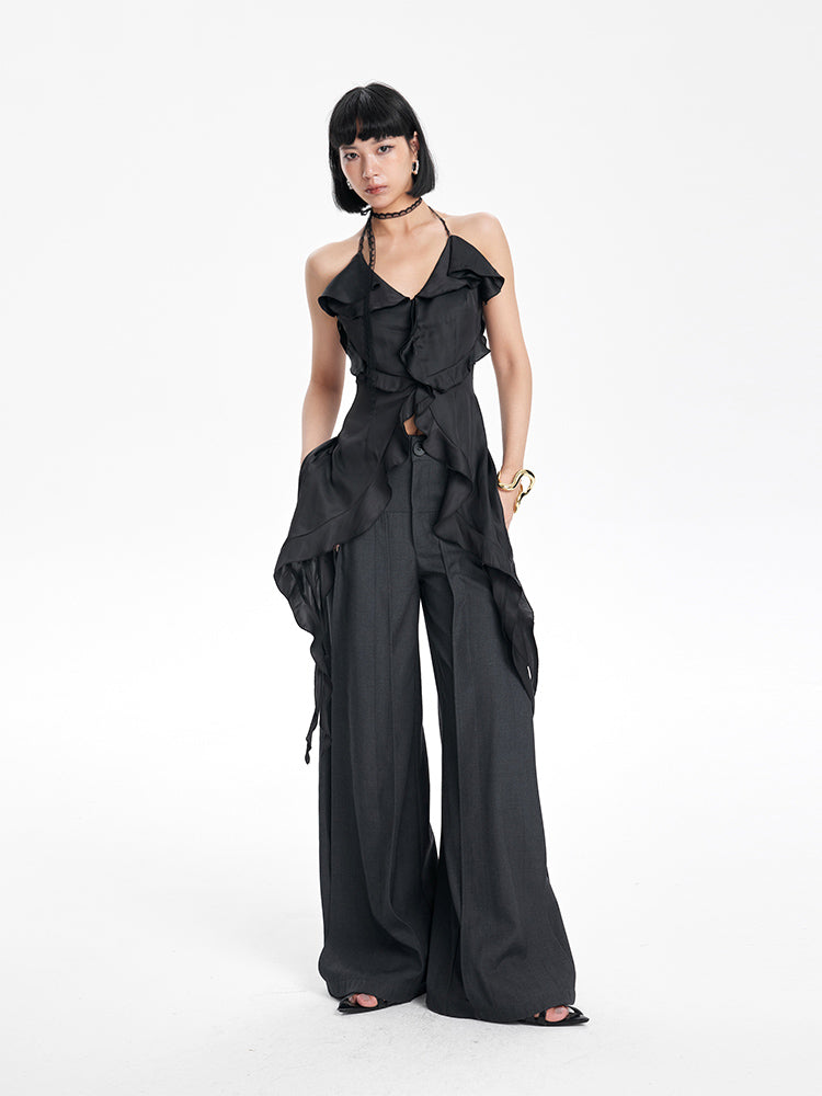 TINY IN irregular ruffled lace halter neck top- PIPI