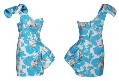 DOLLY Elegant Embroidery Slant Collar One Shoulder Irregular Hem Banquet Dress-ZELNDA