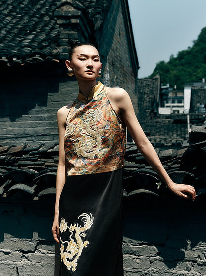 HECO Chinese Retro Mural Golden Dragon Embroidered Vest Top - ERIKA.