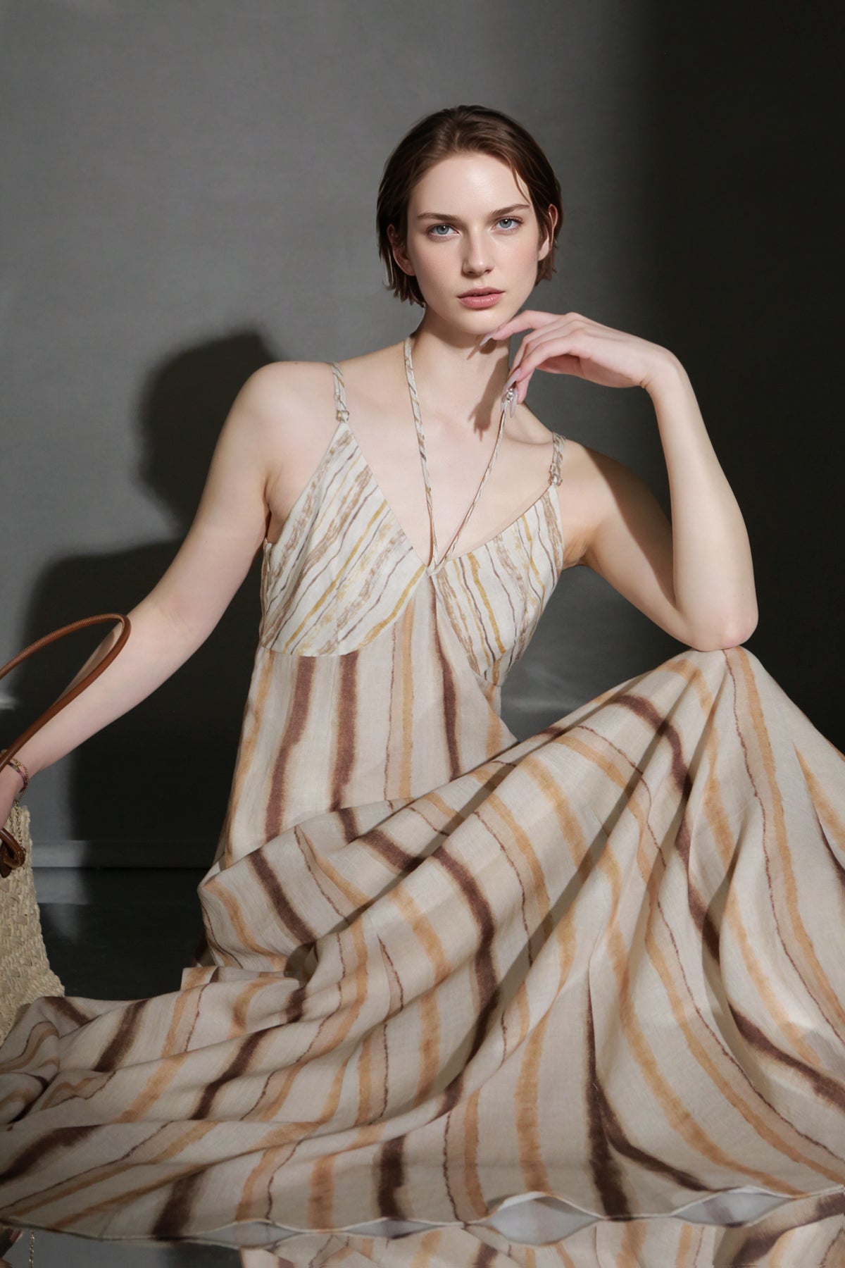 PIAOIN resort-style vertical stripe design sundress women's halterneck design cinched waist dress -GISELLE