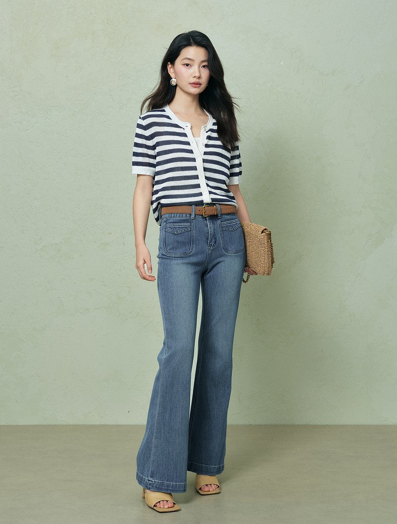 SUSHE light hollow texture striped short-sleeved knit sweater new stretch loose top -BESS