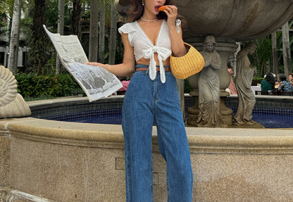 Le Palais Vintage embroidery cotton wrap short top + high-waisted bud skirt-TEE