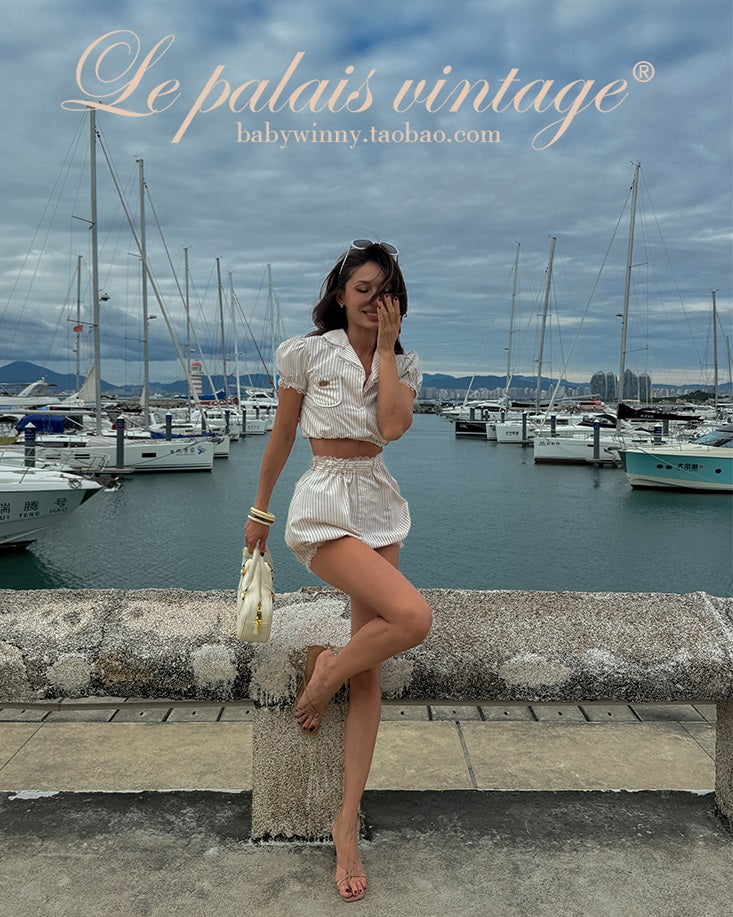 Le Palais Vintage  Sweet and Spicy Girly Short Puff Sleeve Shirt High Waist Pumpkin Shorts-QUINN