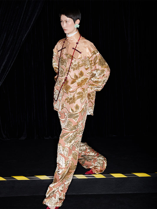 M essential Mackay designer gold stand-up collar shirt pants - ethan.