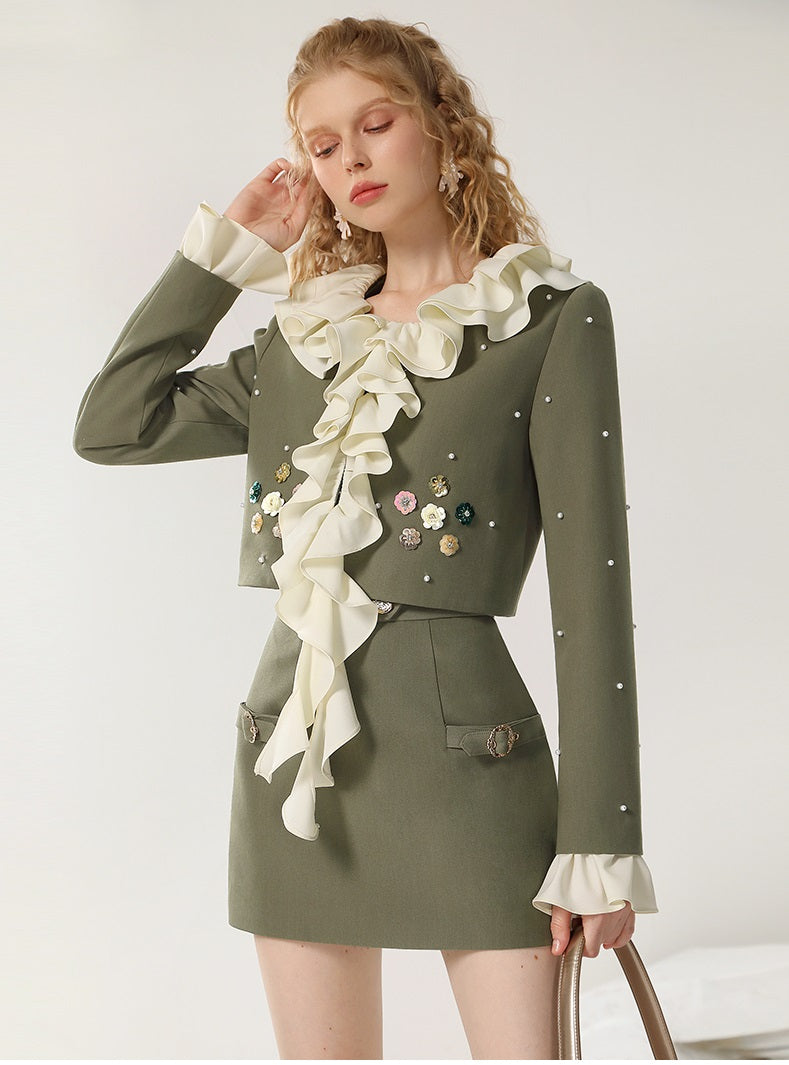 CHECOCRE Elegant Romantic Casual Ruffle Design Olive Green Mini Skirt Suit Set  - DANIEL