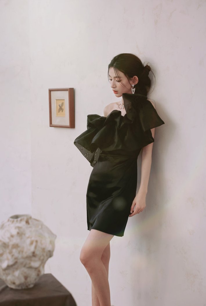 DOLLY Luxury Black Off Shoulder Slim Fit Short Ruffle Dinner Dress-MABEL