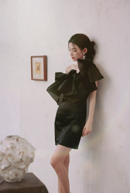 DOLLY Luxury Black Off Shoulder Slim Fit Short Ruffle Dinner Dress-MABEL