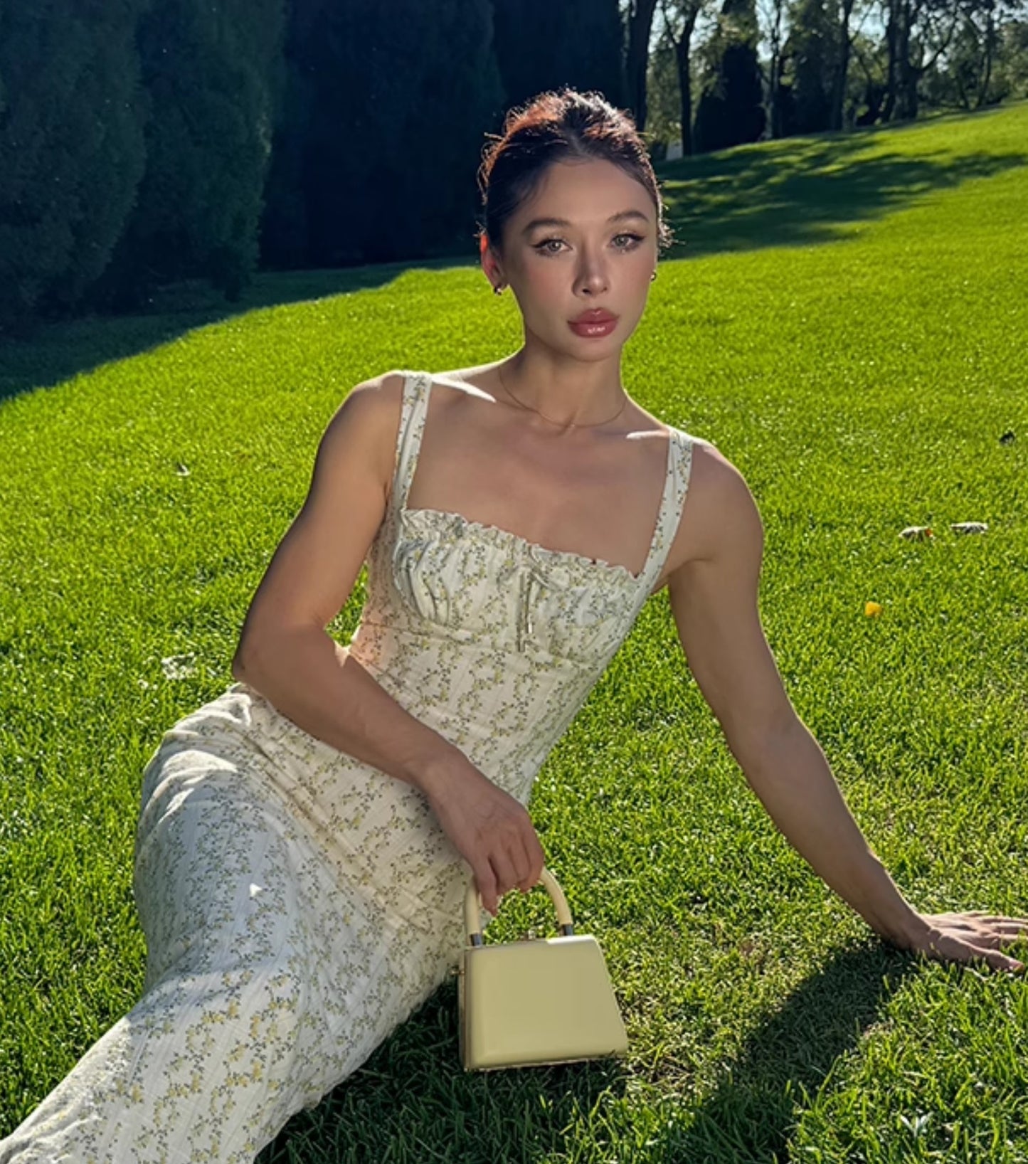 Le Palais Vintage floral goose yellow cotton slim maxi dress-BERRY.