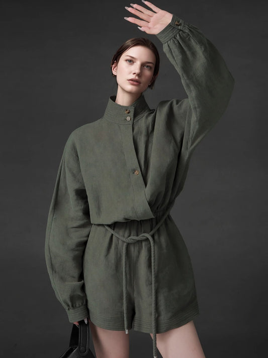 PIAOIN French one-piece design niche stand-up collar jumpsuit spring-AURORA