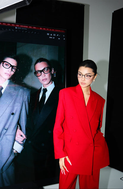 MEI SANGUAN Wool-Blend Red Blazer & Floor-Length Slacks Suit - MOSES