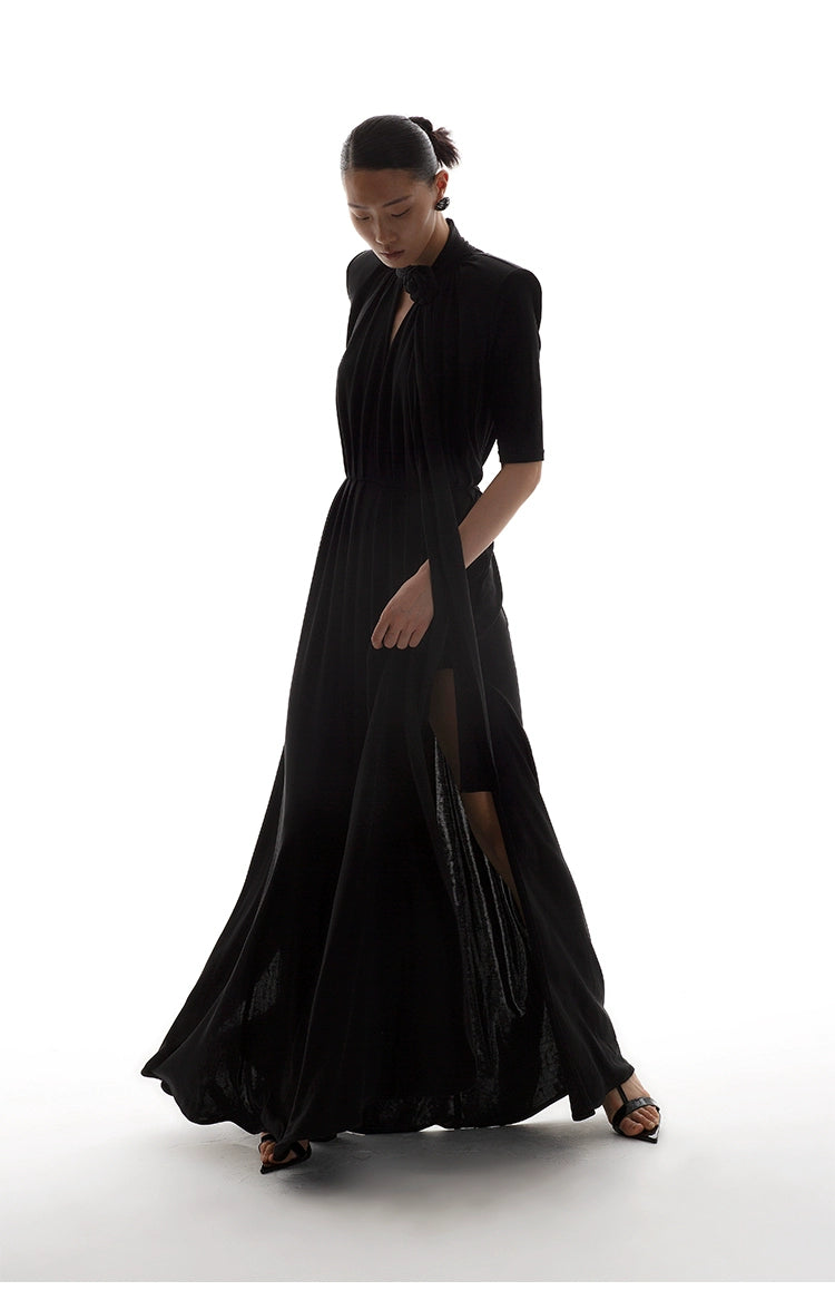 High-end elegant Summer French Pleated flowy maxi long wedding Knit Dress - KCae M / Black High-end elegant Summer French Pleated flowy maxi long wedding Knit Dress - KCae M / Black