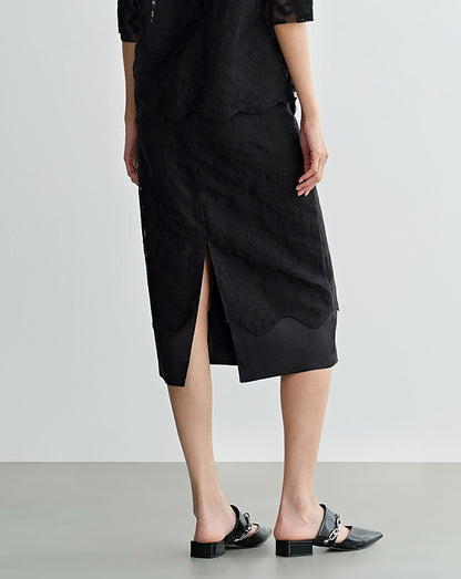 COMME MOI silk embroidered black slit midi skirt - LONDON.