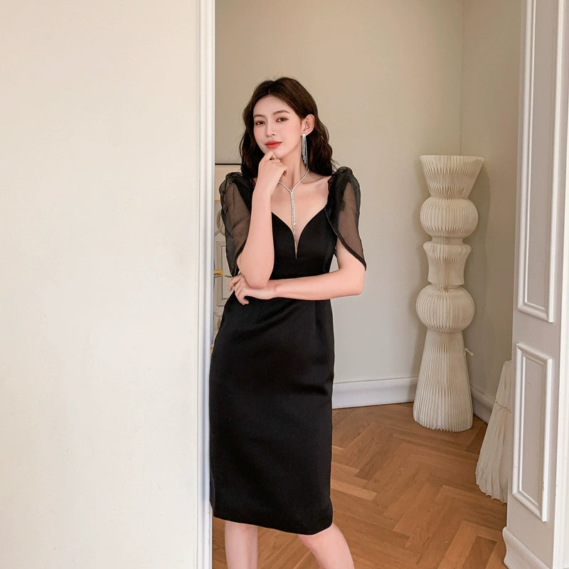 DOLLY Elegant V-Neck Short Mesh Puff Sleeve High Waist Midi Luncheon Dress-CHILE