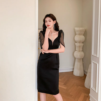 DOLLY Elegant V-Neck Short Mesh Puff Sleeve High Waist Midi Luncheon Dress-CHILE