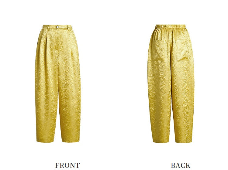 ZHUCHONGYUN loose tapered gold wrinkled satin trousers and top set--RIRI