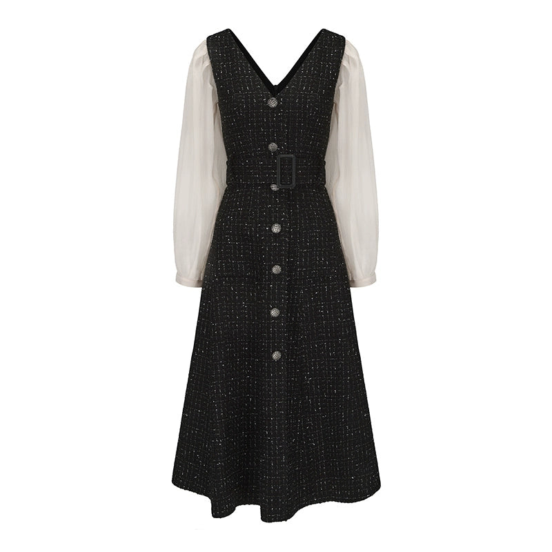 ATELIER MISS LU Vintage Tweed Sleeve Patchwork Dress - KIMMIE