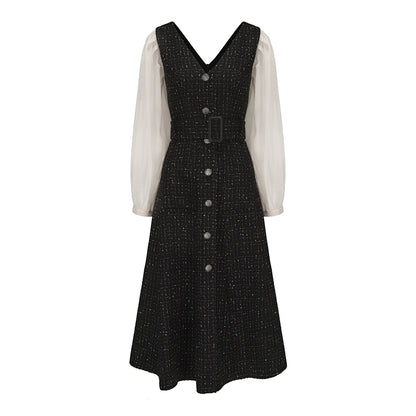 ATELIER MISS LU Vintage Tweed Sleeve Patchwork Dress - KIMMIE
