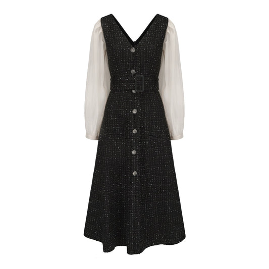 ATELIER MISS LU Vintage Tweed Sleeve Patchwork Dress - KIMMIE
