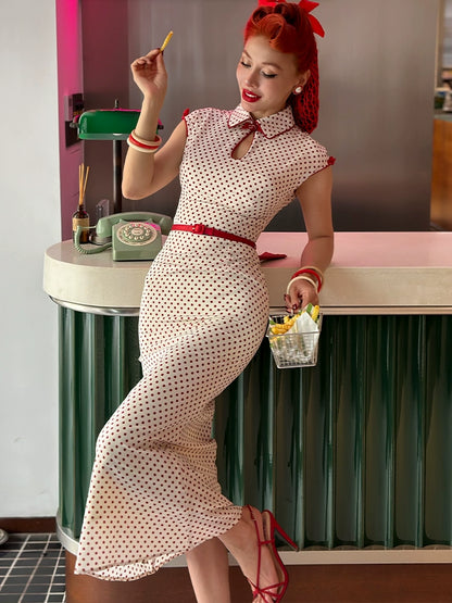 Le Palais Vintage  Elegant Red and White Polka Dot Slim Hong Kong Style Fishtail Dress-KONG