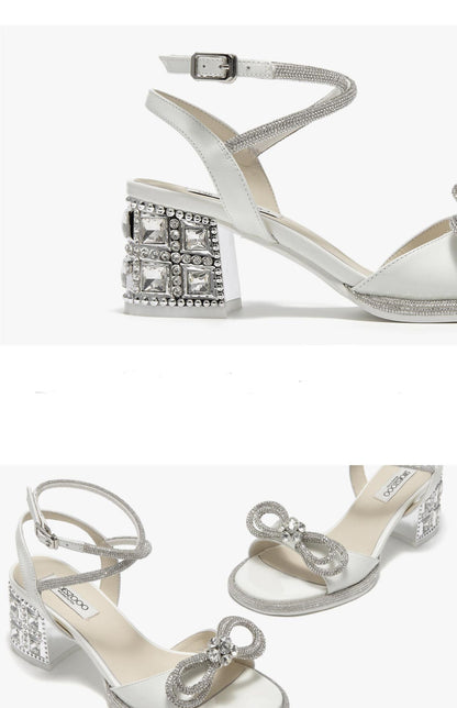 SHOESZOOO Straight Line Rhinestone Thick Heeled Sandals with Bow - GRIT.