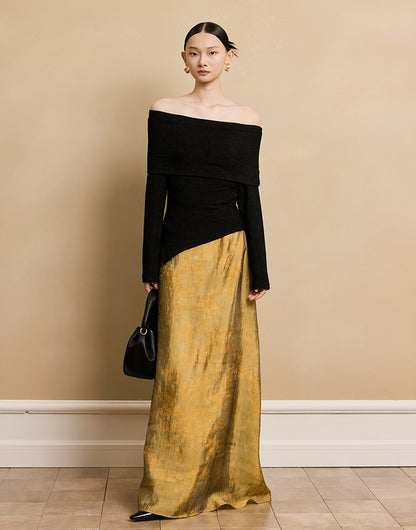 HECO stretch pleated off-the-shoulder long sleeve T-shirt - GRAD.