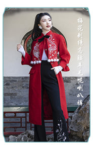 Magic Q's red embroidered mink furball embellished shawl collar wool coat - Nik